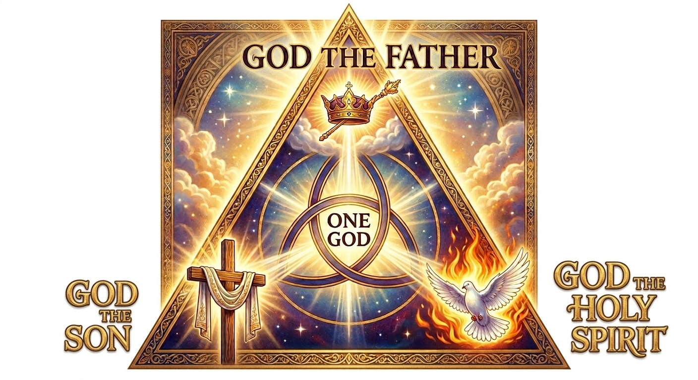 A detailed religious illustration of the Holy Trinity showing a triangle and intersecting rings, with symbols for God the Father (crown), God the Son (cross), and God the Holy Spirit (dove and fire), all centered around the text 'One God.'