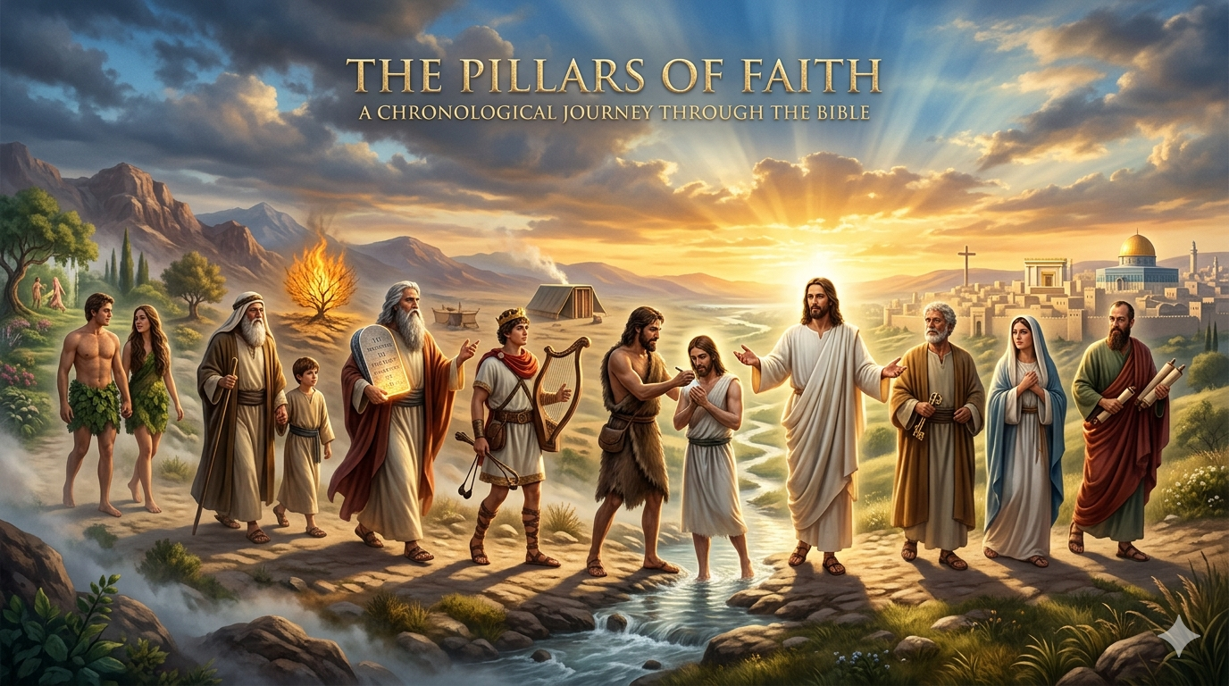 A chronological panorama of biblical figures including Adam, Eve, Moses, David, Jesus, and Paul, illustrating the 'Pillars of Faith' from the Old and New Testaments.