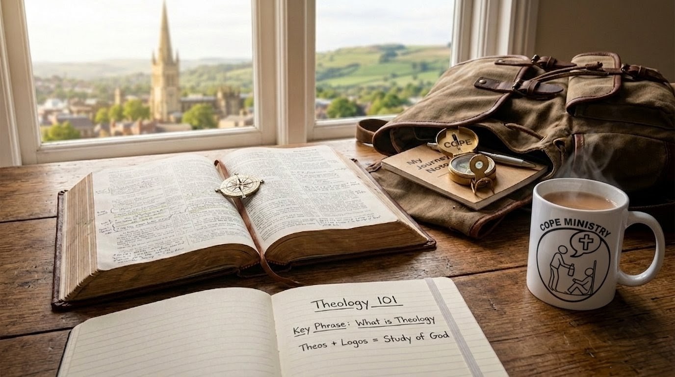 Spiritual rucksack and compass on a wooden desk with a Bible and a COPE Ministry Wakefield mug, illustrating the definition of theology.