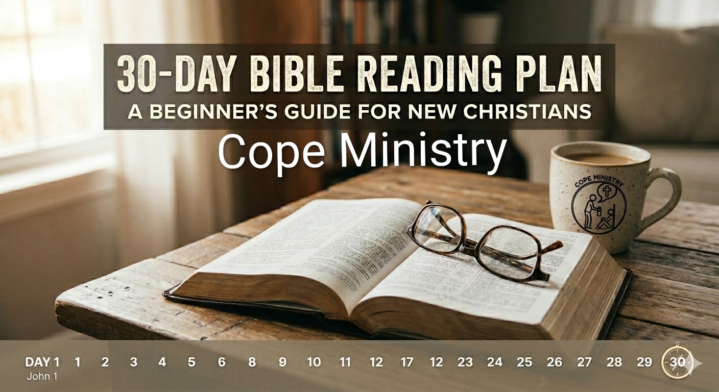 Open Bible on a wooden table with glasses, a coffee mug featuring the Cope Ministry logo, and a header for a 30-day Bible reading plan for new Christians.