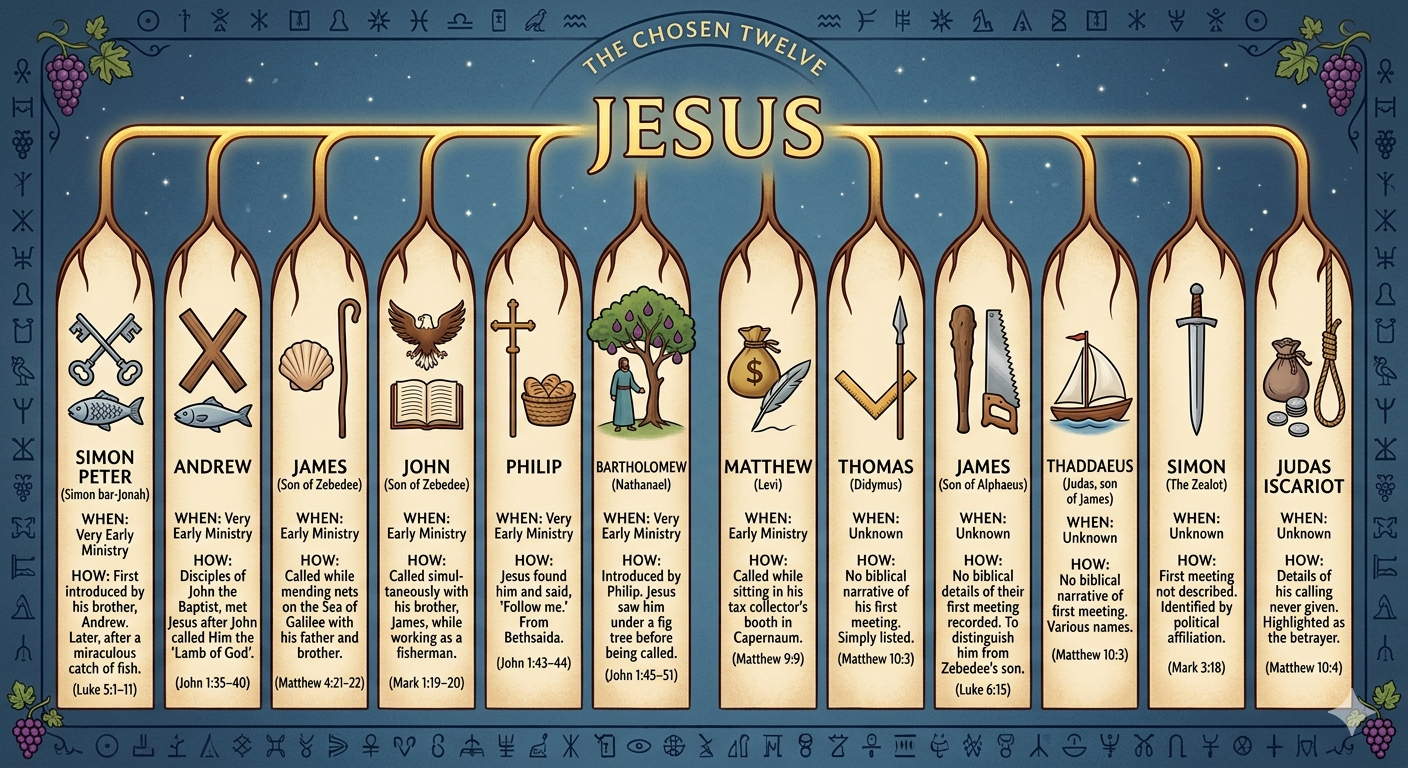 An infographic titled 'The Chosen Twelve' showing Jesus and the 12 Apostles (Simon Peter, Andrew, James, John, Philip, Bartholomew, Matthew, Thomas, James son of Alphaeus, Thaddaeus, Simon the Zealot, and Judas Iscariot) with their traditional symbols and biblical calling details. Cope Ministry