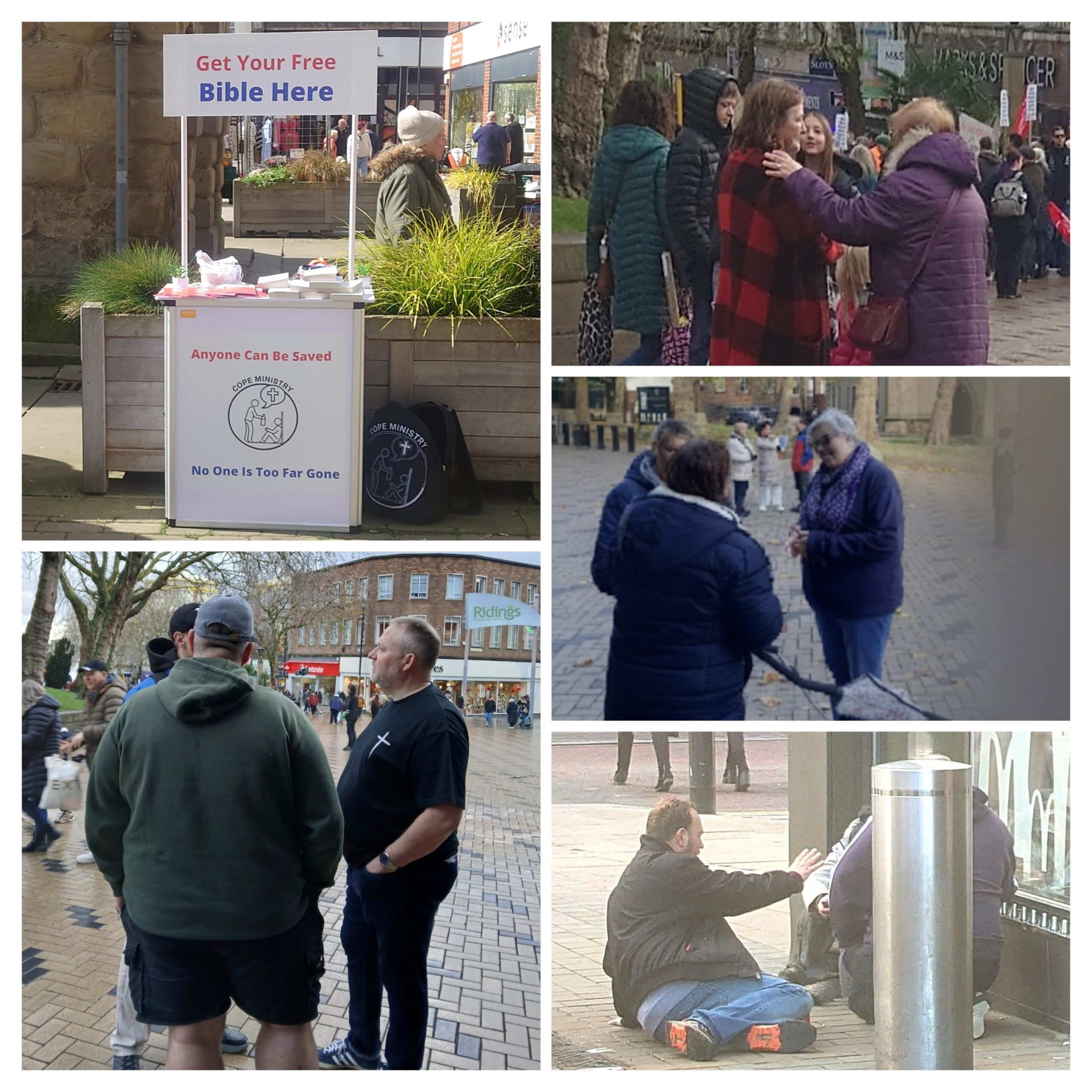 A collage of five photos showing COPE Ministry members engaging in community outreach. It features a "Get Your Free Bible Here" booth, volunteers talking with individuals on the street, and a group gathered in a public square near the Ridings Shopping Centre.