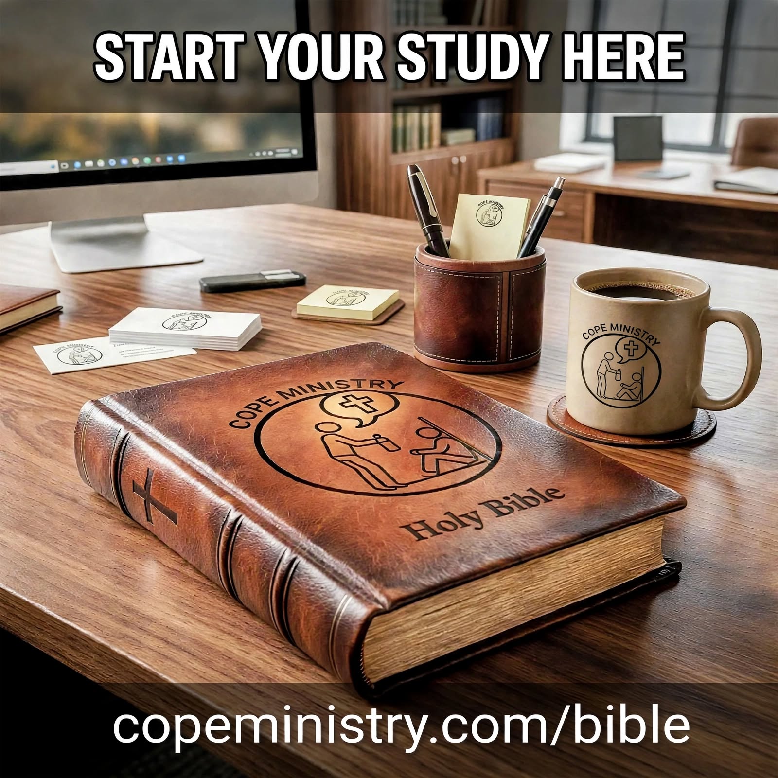 COPE Ministry Holy Bible with tooled leather logo on office desk - Start Your Study Here